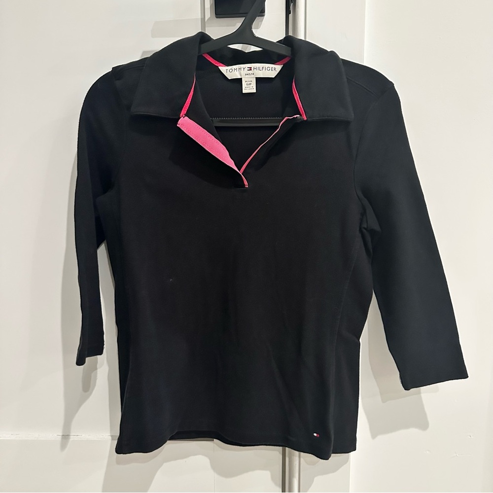 Tommy Hilfiger Black Polo with Pink Trim 3/4 Sleeves Small Petite